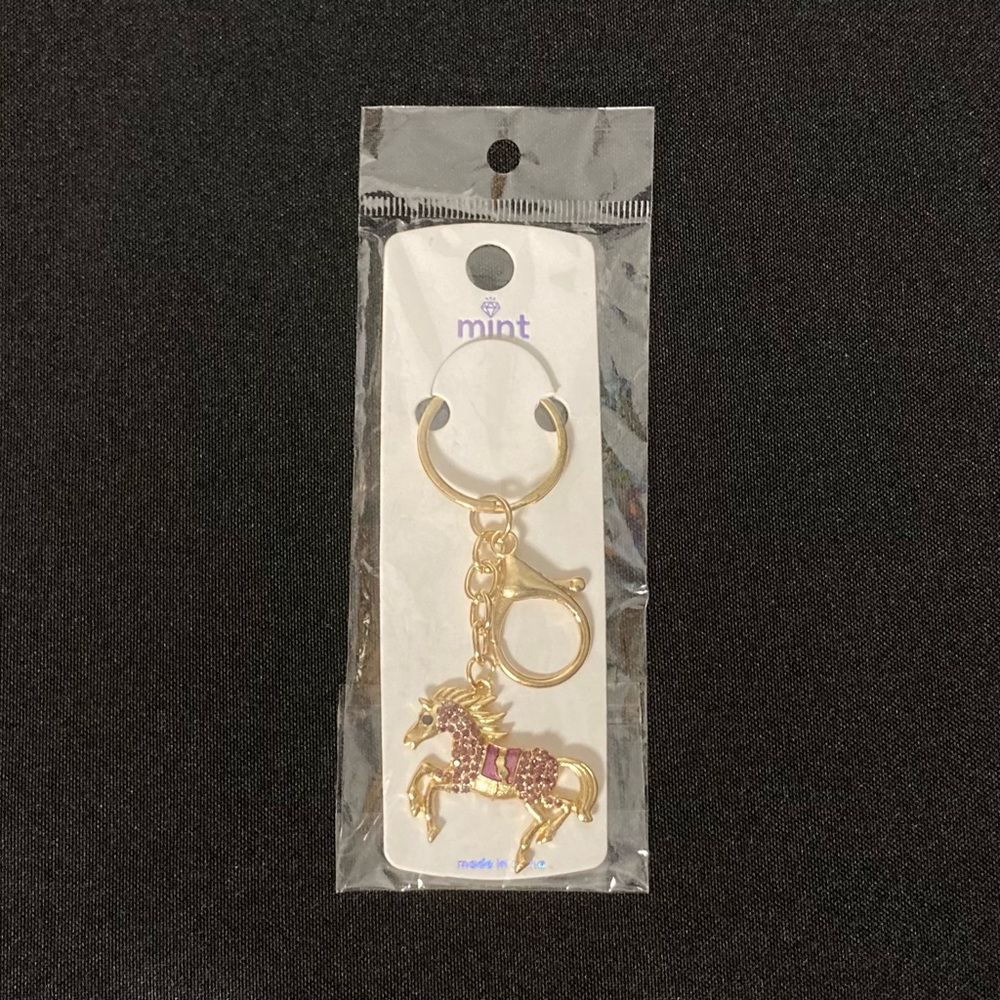 ⭐️ Mint Pink Rhinestone Bedazzled Golden Horse Keychain Bag Charm